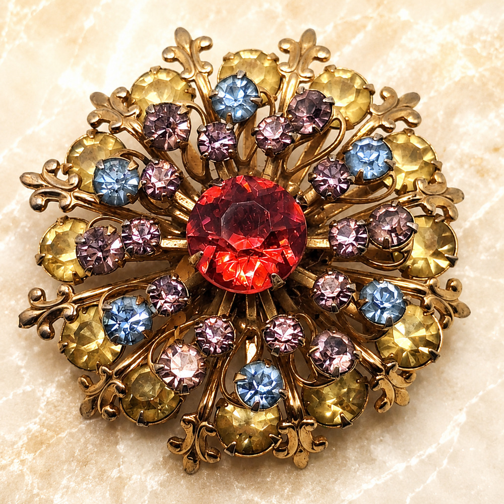 Vintage Rhinestone Floral Brooch 2" Mid Century Sunburst Cocktail Statement Pin